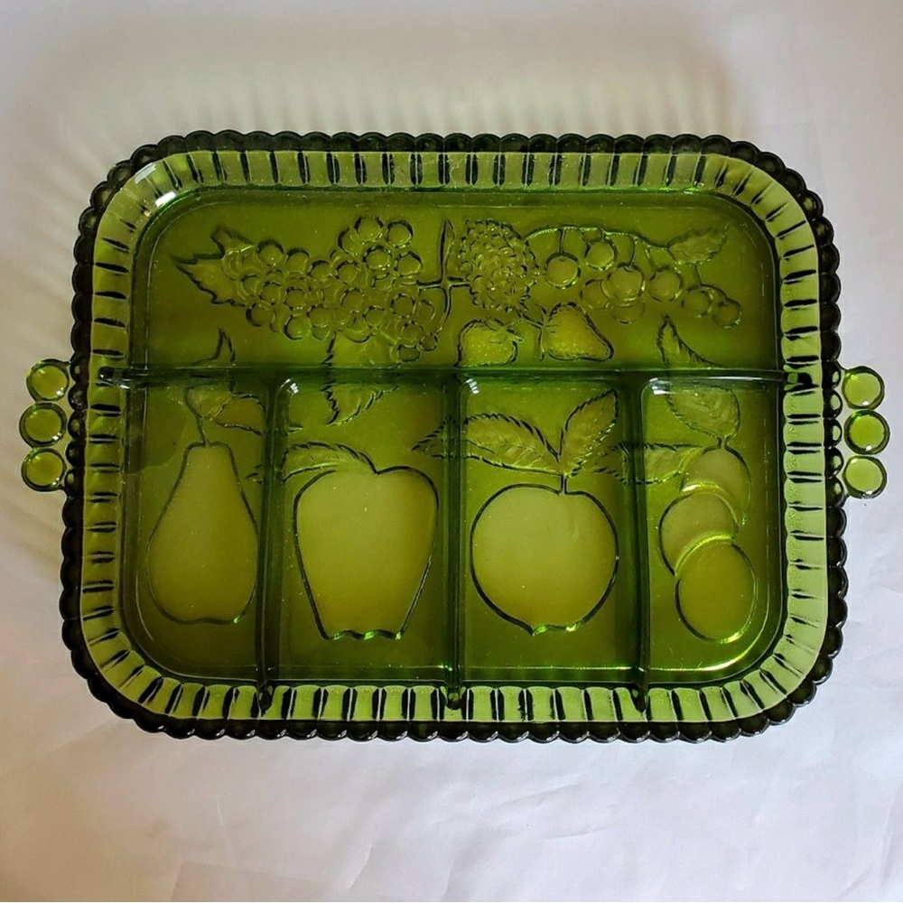 Vintage 1970Green Indiana glass fruit platter divided plate avocado pears grapes